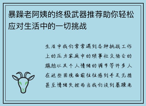 暴躁老阿姨的终极武器推荐助你轻松应对生活中的一切挑战